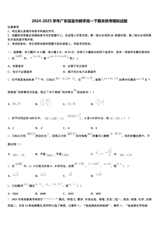 2024-2025学年广东信宜市数学高一下期末统考模拟试题含解析