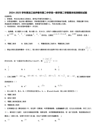 2024-2025学年黑龙江省伊春市第二中学高一数学第二学期期末检测模拟试题含解析