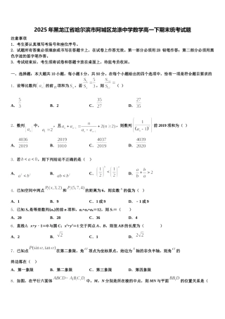 2025年黑龙江省哈尔滨市阿城区龙涤中学数学高一下期末统考试题含解析