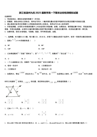 浙江省温州九校2025届数学高一下期末达标检测模拟试题含解析