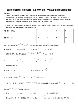 青海省大通回族土族自治县第一中学2025年高一下数学期末复习检测模拟试题含解析