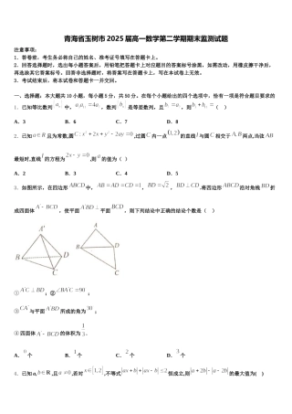 青海省玉树市2025届高一数学第二学期期末监测试题含解析