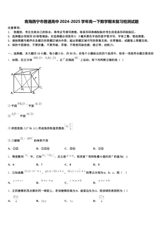 青海西宁市普通高中2024-2025学年高一下数学期末复习检测试题含解析