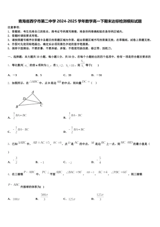 青海省西宁市第二中学2024-2025学年数学高一下期末达标检测模拟试题含解析