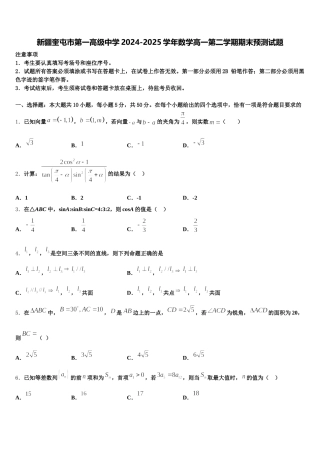 新疆奎屯市第一高级中学2024-2025学年数学高一第二学期期末预测试题含解析