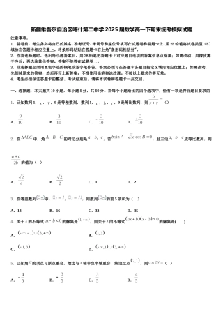 新疆维吾尔自治区喀什第二中学2025届数学高一下期末统考模拟试题含解析