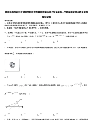 新疆维吾尔自治区阿克苏地区库车县乌尊镇中学2025年高一下数学期末学业质量监测模拟试题含解析