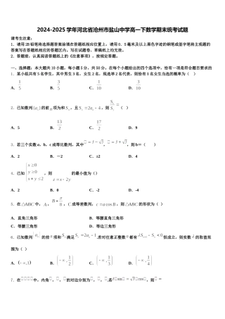 2024-2025学年河北省沧州市盐山中学高一下数学期末统考试题含解析