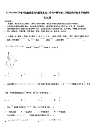 2024-2025学年河北省秦皇岛市昌黎汇文二中高一数学第二学期期末学业水平测试模拟试题含解析