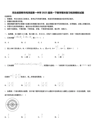 河北省邯郸市鸡泽县第一中学2025届高一下数学期末复习检测模拟试题含解析