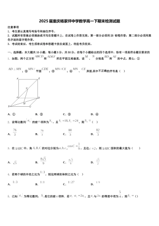 2025届重庆杨家坪中学数学高一下期末检测试题含解析