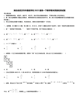 湖北省武汉市外国语学校2025届高一下数学期末质量检测试题含解析