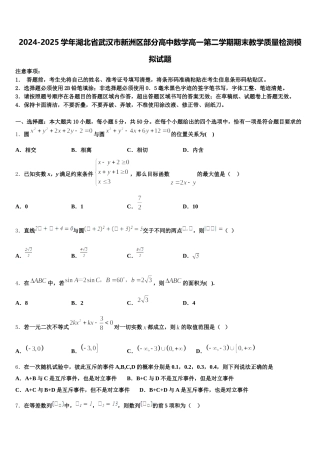2024-2025学年湖北省武汉市新洲区部分高中数学高一第二学期期末教学质量检测模拟试题含解析