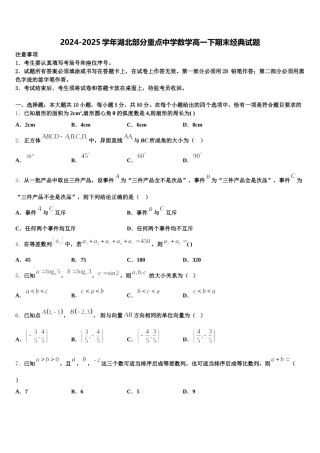 2024-2025学年湖北部分重点中学数学高一下期末经典试题含解析