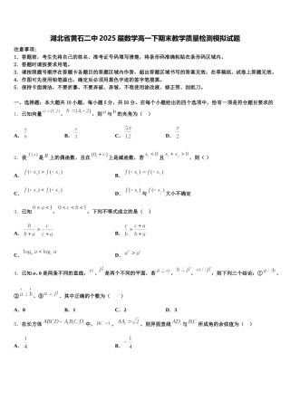 湖北省黄石二中2025届数学高一下期末教学质量检测模拟试题含解析
