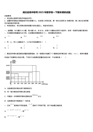 湖北省高中联考2025年数学高一下期末调研试题含解析