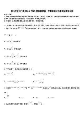 湖北省黄冈八模2024-2025学年数学高一下期末学业水平测试模拟试题含解析