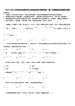 2024-2025学年湖北省荆州市公安县车胤中学数学高一第二学期期末检测模拟试题含解析
