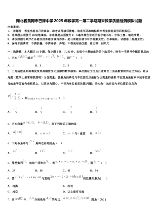湖北省黄冈市巴驿中学2025年数学高一第二学期期末教学质量检测模拟试题含解析