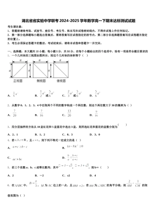 湖北省省实验中学联考2024-2025学年数学高一下期末达标测试试题含解析