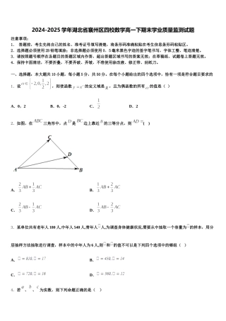2024-2025学年湖北省襄州区四校数学高一下期末学业质量监测试题含解析
