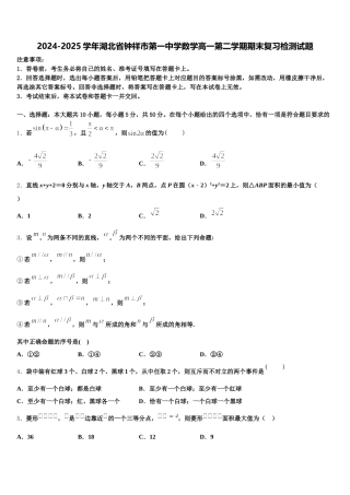 2024-2025学年湖北省钟祥市第一中学数学高一第二学期期末复习检测试题含解析