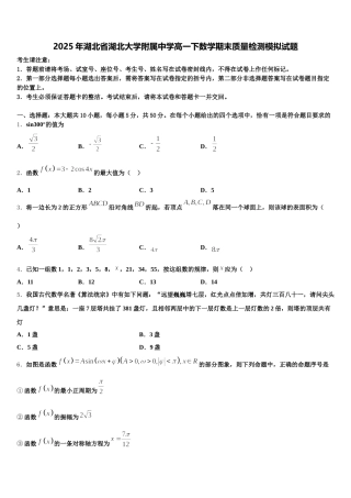 2025年湖北省湖北大学附属中学高一下数学期末质量检测模拟试题含解析
