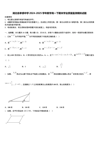 湖北省孝感中学2024-2025学年数学高一下期末学业质量监测模拟试题含解析
