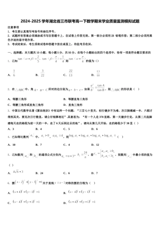 2024-2025学年湖北省三市联考高一下数学期末学业质量监测模拟试题含解析