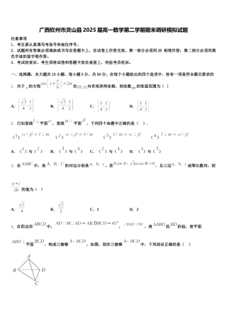 广西钦州市灵山县2025届高一数学第二学期期末调研模拟试题含解析