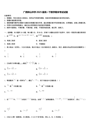 广西钟山中学2025届高一下数学期末考试试题含解析