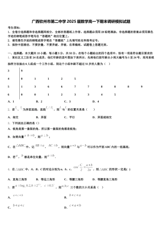 广西钦州市第二中学2025届数学高一下期末调研模拟试题含解析