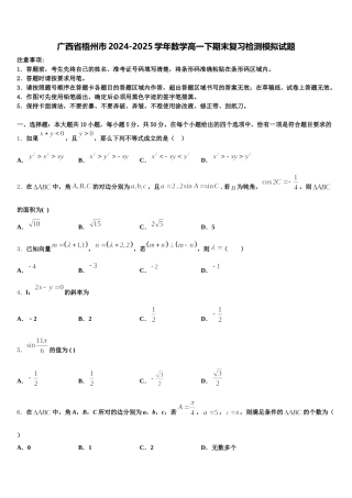 广西省梧州市2024-2025学年数学高一下期末复习检测模拟试题含解析