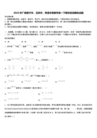 2025年广西南宁市、玉林市、贵港市等数学高一下期末检测模拟试题含解析
