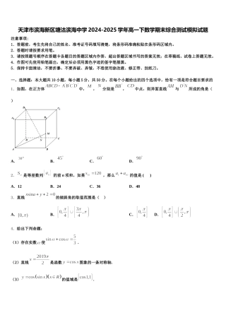天津市滨海新区塘沽滨海中学2024-2025学年高一下数学期末综合测试模拟试题含解析