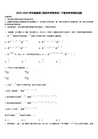 2024-2025学年福建厦门湖滨中学数学高一下期末联考模拟试题含解析