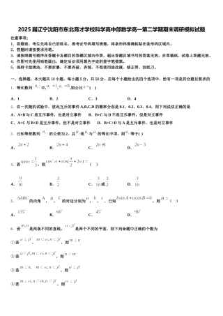 2025届辽宁沈阳市东北育才学校科学高中部数学高一第二学期期末调研模拟试题含解析