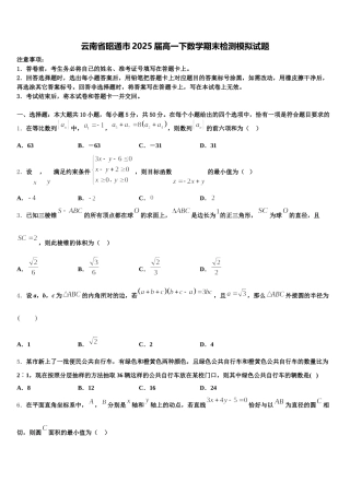 云南省昭通市2025届高一下数学期末检测模拟试题含解析