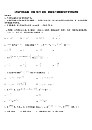 山东省宁阳县第一中学2025届高一数学第二学期期末联考模拟试题含解析