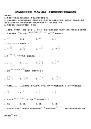 山东省德州市陵城一中2025届高一下数学期末学业质量监测试题含解析
