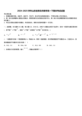 2024-2025学年山东省青岛市数学高一下期末考试试题含解析