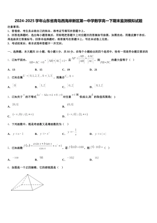2024-2025学年山东省青岛西海岸新区第一中学数学高一下期末监测模拟试题含解析