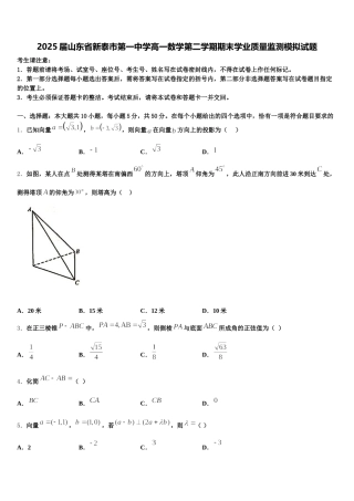 2025届山东省新泰市第一中学高一数学第二学期期末学业质量监测模拟试题含解析