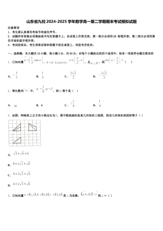 山东省九校2024-2025学年数学高一第二学期期末考试模拟试题含解析