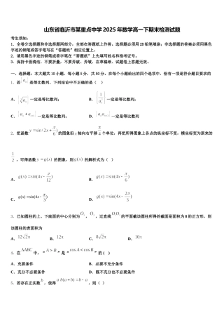 山东省临沂市某重点中学2025年数学高一下期末检测试题含解析