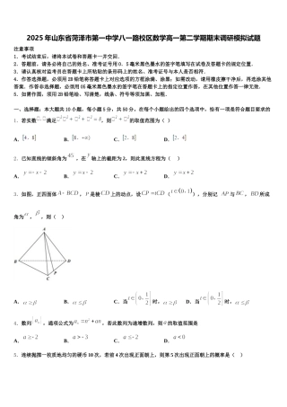 2025年山东省菏泽市第一中学八一路校区数学高一第二学期期末调研模拟试题含解析