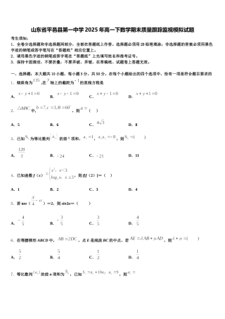 山东省平邑县第一中学2025年高一下数学期末质量跟踪监视模拟试题含解析
