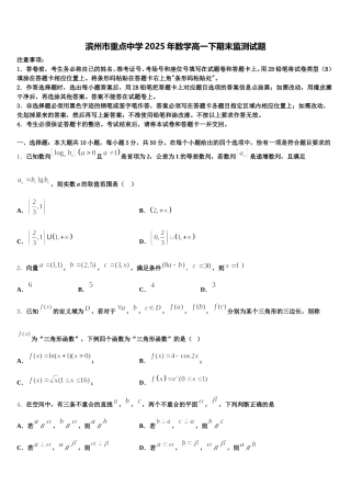 滨州市重点中学2025年数学高一下期末监测试题含解析