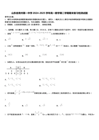 山东省青州第一中学2024-2025学年高一数学第二学期期末复习检测试题含解析