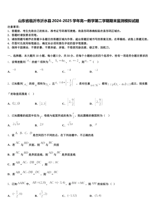山东省临沂市沂水县2024-2025学年高一数学第二学期期末监测模拟试题含解析